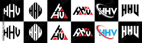 HHV letter logo design in six style. HHV polygon, circle, triangle, hexagon, flat and simple style with black and white color variation letter logo set in one artboard. HHV minimalist and classic logo photo