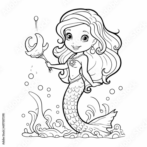 happy mermaid cute outline coloring page illustration