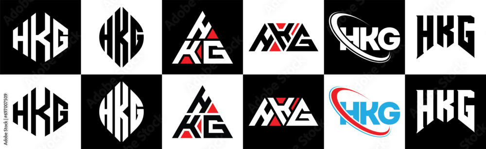 Obraz premium HKG letter logo design in six style. HKG polygon, circle, triangle, hexagon, flat and simple style with black and white color variation letter logo set in one artboard. HKG minimalist and classic logo
