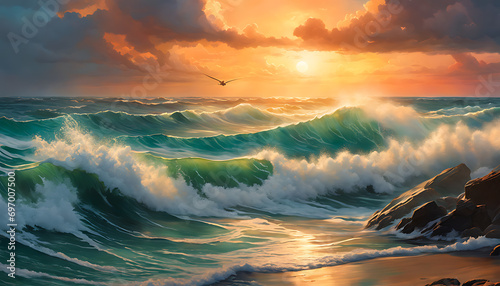 A vibrant painting depicts a stormy sea with crashing waves against a colorful gradient sky, capturing the beauty and power of nature