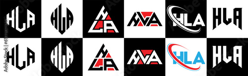 HLA letter logo design in six style. HLA polygon, circle, triangle, hexagon, flat and simple style with black and white color variation letter logo set in one artboard. HLA minimalist and classic logo