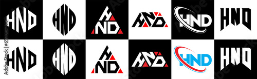 HND letter logo design in six style. HND polygon, circle, triangle, hexagon, flat and simple style with black and white color variation letter logo set in one artboard. HND minimalist and classic logo