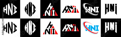 HNI letter logo design in six style. HNI polygon, circle, triangle, hexagon, flat and simple style with black and white color variation letter logo set in one artboard. HNI minimalist and classic logo