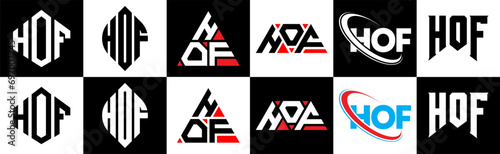 HOF letter logo design in six style. HOF polygon, circle, triangle, hexagon, flat and simple style with black and white color variation letter logo set in one artboard. HOF minimalist and classic logo