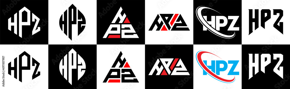 Obraz premium HPZ letter logo design in six style. HPZ polygon, circle, triangle, hexagon, flat and simple style with black and white color variation letter logo set in one artboard. HPZ minimalist and classic logo