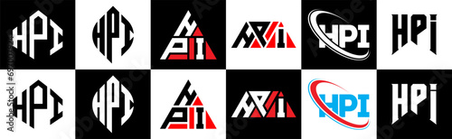 HPI letter logo design in six style. HPI polygon, circle, triangle, hexagon, flat and simple style with black and white color variation letter logo set in one artboard. HPI minimalist and classic logo photo