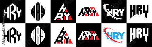 HRY letter logo design in six style. HRY polygon, circle, triangle, hexagon, flat and simple style with black and white color variation letter logo set in one artboard. HRY minimalist and classic logo