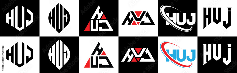HUJ letter logo design in six style. HUJ polygon, circle, triangle, hexagon, flat and simple style with black and white color variation letter logo set in one artboard. HUJ minimalist and classic logo HUJ letter logo design in six style. HUJ polygon, circle, triangle, hexagon, flat and simple style with black and white color variation letter logo set in one artboard. HUJ minimalist and classic logo