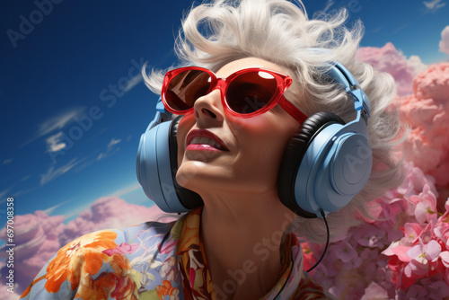 Fancy awesome senior old woman wearing sunglasses listening to her favourite music through big headphones on floral and cloud background.