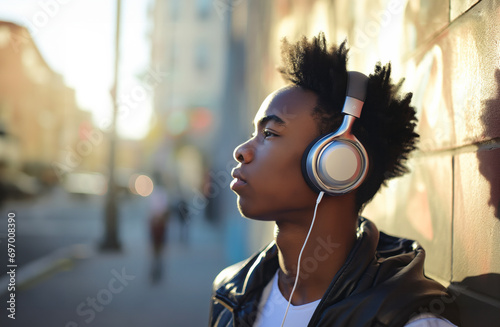 Portrait of a black stylish teen standing near a painted wall outdoors, listening to music with headphones. Urban city lifestyle. photo