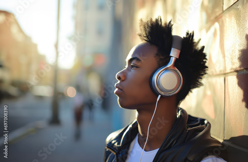 Portrait of a black stylish teen standing near a painted wall outdoors, listening to music with headphones. Urban city lifestyle.