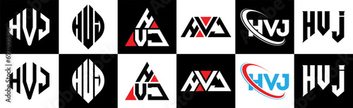 HVJ letter logo design in six style. HVJ polygon, circle, triangle, hexagon, flat and simple style with black and white color variation letter logo set in one artboard. HVJ minimalist and classic logo