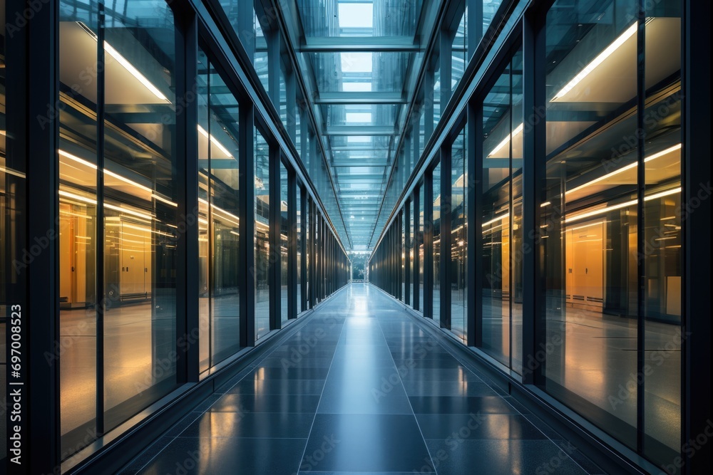 Modern corporate building hallway with glass walls and LED lighting