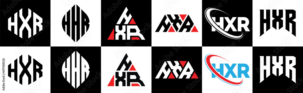 HXR letter logo design in six style. HXR polygon, circle, triangle, hexagon, flat and simple style with black and white color variation letter logo set in one artboard. HXR minimalist and classic logo HXR letter logo design in six style. HXR polygon, circle, triangle, hexagon, flat and simple style with black and white color variation letter logo set in one artboard. HXR minimalist and classic logo