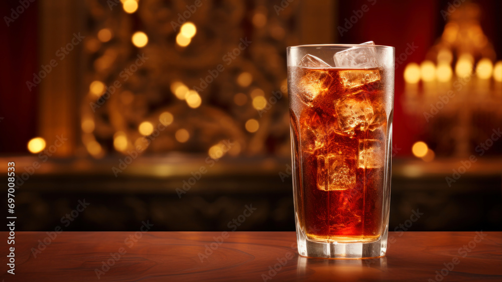 Glass of cola with ice cubes on the table in a bar Glass of cola with ice cubes on the table in a bar