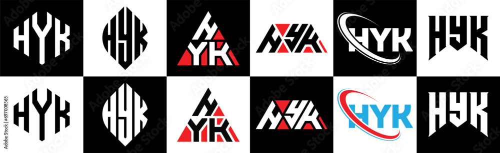 HYK letter logo design in six style. HYK polygon, circle, triangle, hexagon, flat and simple style with black and white color variation letter logo set in one artboard. HYK minimalist and classic logo HYK letter logo design in six style. HYK polygon, circle, triangle, hexagon, flat and simple style with black and white color variation letter logo set in one artboard. HYK minimalist and classic logo