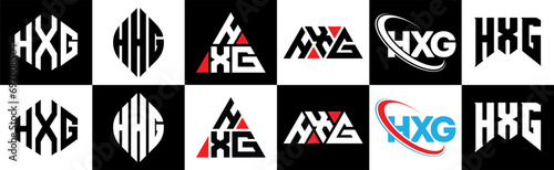 HXG letter logo design in six style. HXG polygon, circle, triangle, hexagon, flat and simple style with black and white color variation letter logo set in one artboard. HXG minimalist and classic logo photo