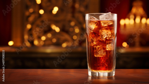Glass of cola with ice cubes on the table in a bar
