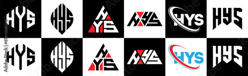 HYS letter logo design in six style. HYS polygon, circle, triangle, hexagon, flat and simple style with black and white color variation letter logo set in one artboard. HYS minimalist and classic logo photo