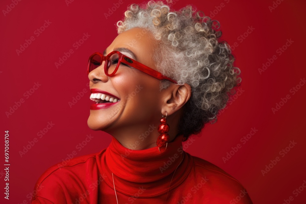Portrait of a stylish senior woman against a red background