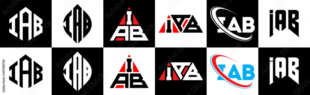 IAB letter logo design in six style. IAB polygon, circle, triangle, hexagon, flat and simple style with black and white color variation letter logo set in one artboard. IAB minimalist and classic logo IAB letter logo design in six style. IAB polygon, circle, triangle, hexagon, flat and simple style with black and white color variation letter logo set in one artboard. IAB minimalist and classic logo