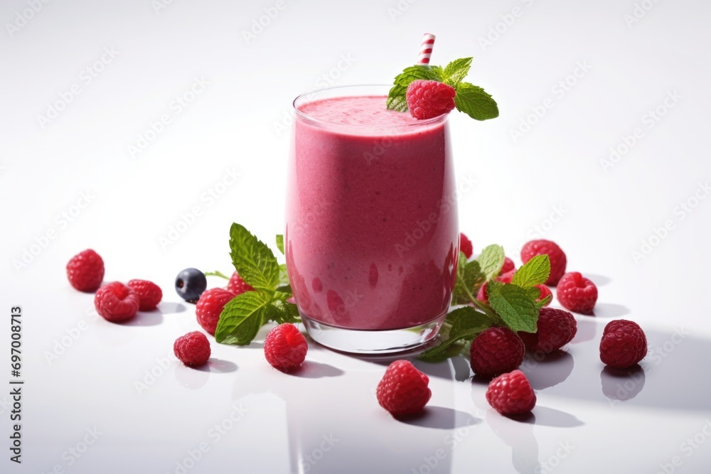 Refreshing berry smoothie garnished with fresh raspberries Refreshing berry smoothie garnished with fresh raspberries