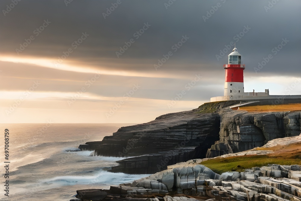View of the Black Head Lighthouse on the Burren Coast of County Clare, Ireland Generative AI