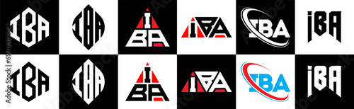 IBA letter logo design in six style. IBA polygon, circle, triangle, hexagon, flat and simple style with black and white color variation letter logo set in one artboard. IBA minimalist and classic logo photo