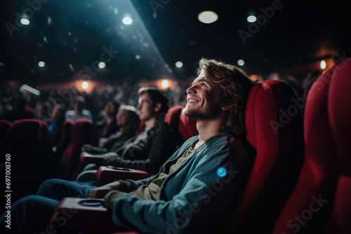 Smiling young man enjoying movie in the cinema