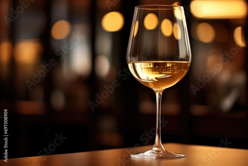 Elegant white wine served in a sophisticated dining setting with warm ambient lighting