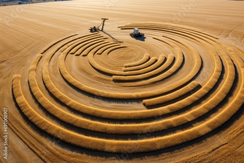Combine harvester creating symmetrical patterns in a vast golden wheat field © Vorda Berge