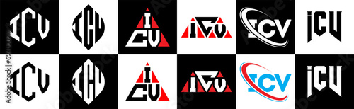 ICV letter logo design in six style. ICV polygon, circle, triangle, hexagon, flat and simple style with black and white color variation letter logo set in one artboard. ICV minimalist and classic logo
