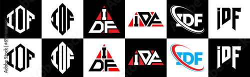 IDF letter logo design in six style. IDF polygon, circle, triangle, hexagon, flat and simple style with black and white color variation letter logo set in one artboard. IDF minimalist and classic logo