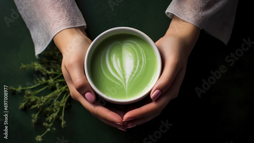 cup with matcha drink in female hands photo
