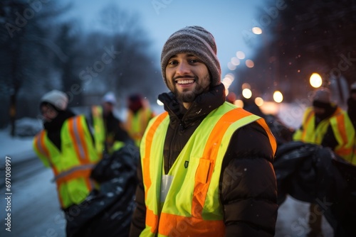 Portrait of a sanitation worker during winter collecting trash with a happy demeanor photo