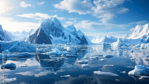 Winter landscape in cold colors. View of mountains covered in snow, icebergs and broken pieces of ice in water. Climate change, the problem of global warming. Melting of glaciers at the Earth's poles