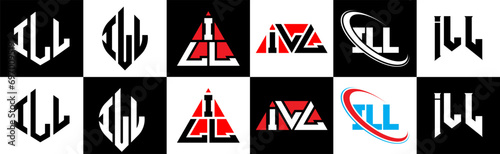 ILL letter logo design in six style. ILL polygon, circle, triangle, hexagon, flat and simple style with black and white color variation letter logo set in one artboard. ILL minimalist and classic logo