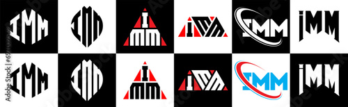 IMM letter logo design in six style. IMM polygon, circle, triangle, hexagon, flat and simple style with black and white color variation letter logo set in one artboard. IMM minimalist and classic logo