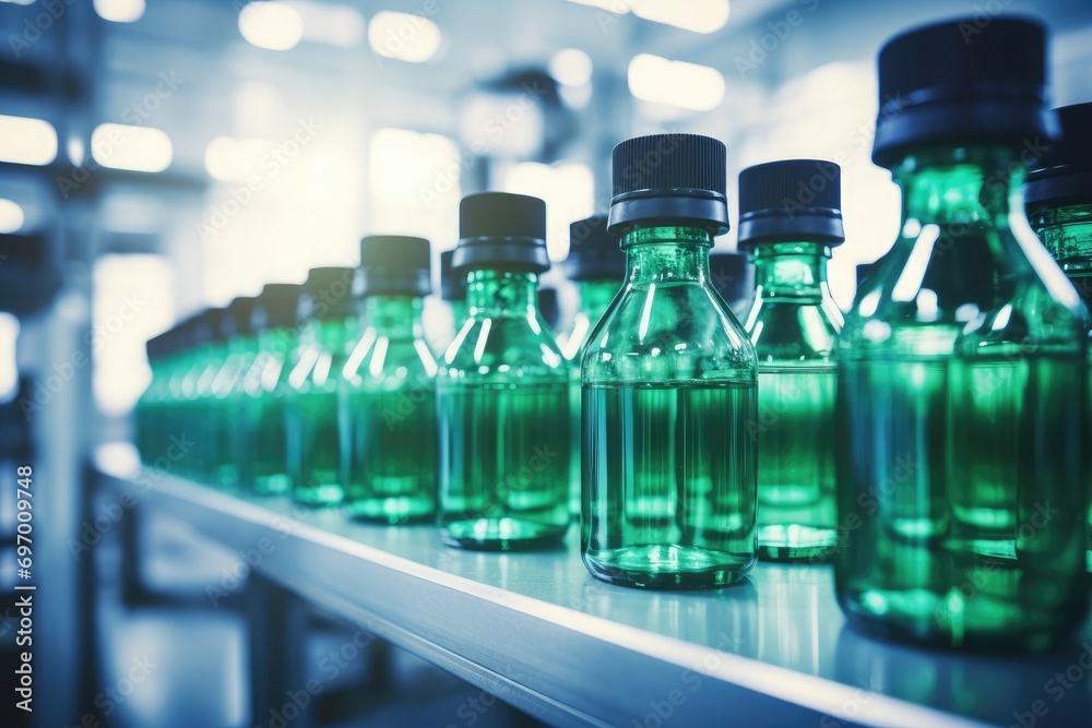 medical green glass bottles at pharmacy on a factory medical green glass bottles at pharmacy on a factory