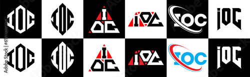 IOC letter logo design in six style. IOC polygon, circle, triangle, hexagon, flat and simple style with black and white color variation letter logo set in one artboard. IOC minimalist and classic logo