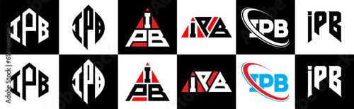 IPB letter logo design in six style. IPB polygon, circle, triangle, hexagon, flat and simple style with black and white color variation letter logo set in one artboard. IPB minimalist and classic logo