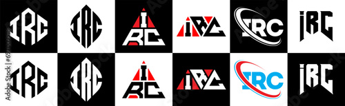IRC letter logo design in six style. IRC polygon, circle, triangle, hexagon, flat and simple style with black and white color variation letter logo set in one artboard. IRC minimalist and classic logo