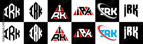 IRK letter logo design in six style. IRK polygon, circle, triangle, hexagon, flat and simple style with black and white color variation letter logo set in one artboard. IRK minimalist and classic logo