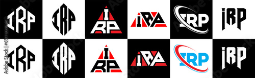 IRP letter logo design in six style. IRP polygon, circle, triangle, hexagon, flat and simple style with black and white color variation letter logo set in one artboard. IRP minimalist and classic logo