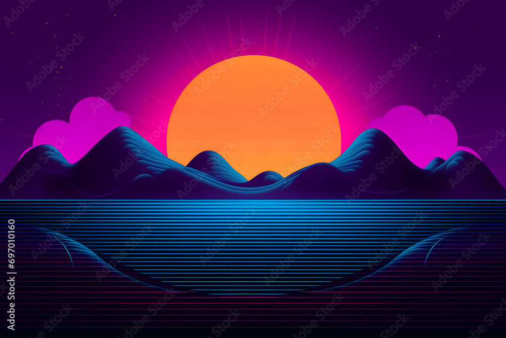 Retro wave city background. Neon night landscape with a futuristic city in the style and aesthetics of the 80s and 90s. Synthwave, cyberpunk. Neural network AI generated art Retro wave city background. Neon night landscape with a futuristic city in the style and aesthetics of the 80s and 90s. Synthwave, cyberpunk. Neural network AI generated art