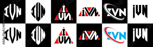 IVN letter logo design in six style. IVN polygon, circle, triangle, hexagon, flat and simple style with black and white color variation letter logo set in one artboard. IVN minimalist and classic logo photo