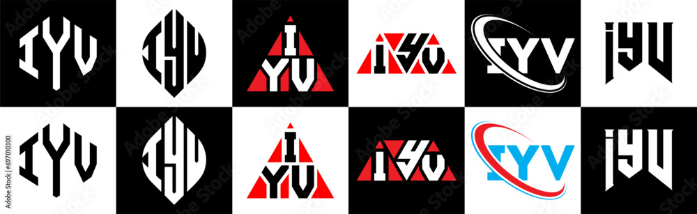 IYV letter logo design in six style. IYV polygon, circle, triangle, hexagon, flat and simple style with black and white color variation letter logo set in one artboard. IYV minimalist and classic logo IYV letter logo design in six style. IYV polygon, circle, triangle, hexagon, flat and simple style with black and white color variation letter logo set in one artboard. IYV minimalist and classic logo
