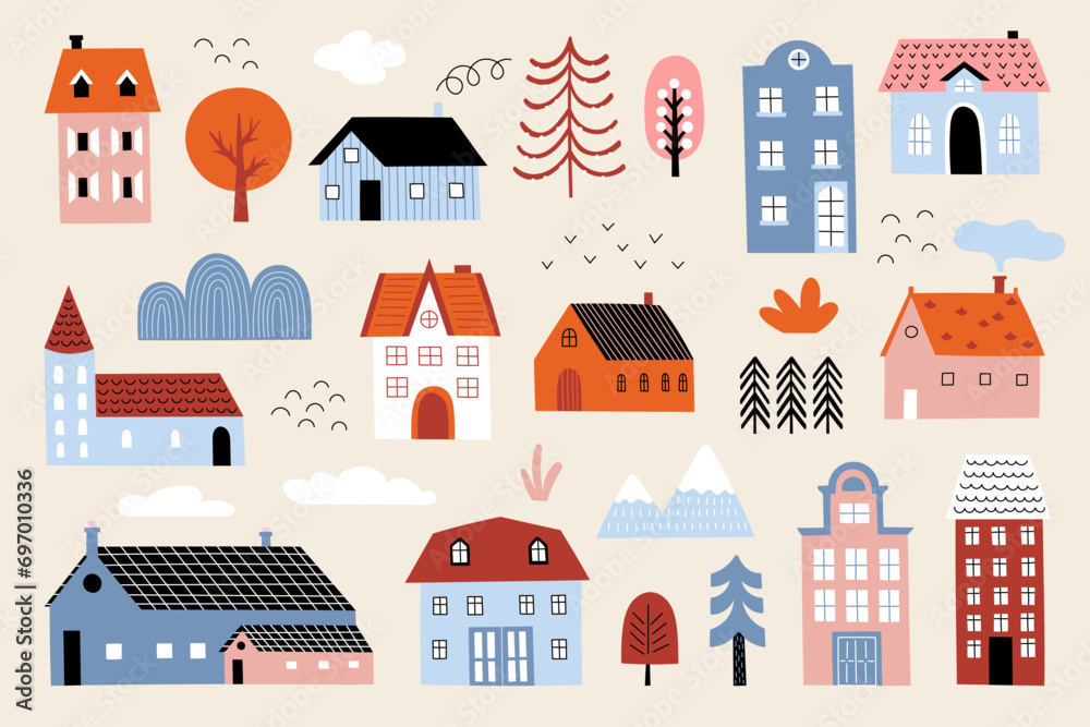 Cute houses. Buildings in cartoon flat style, city village isolated elements, home and tree icons, small chimney town, Scandinavian roof and windows landscape. Colorful cottages for decor vector icons