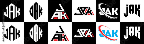 JAK letter logo design in six style. JAK polygon, circle, triangle, hexagon, flat and simple style with black and white color variation letter logo set in one artboard. JAK minimalist and classic logo