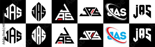 JAS letter logo design in six style. JAS polygon, circle, triangle, hexagon, flat and simple style with black and white color variation letter logo set in one artboard. JAS minimalist and classic logo